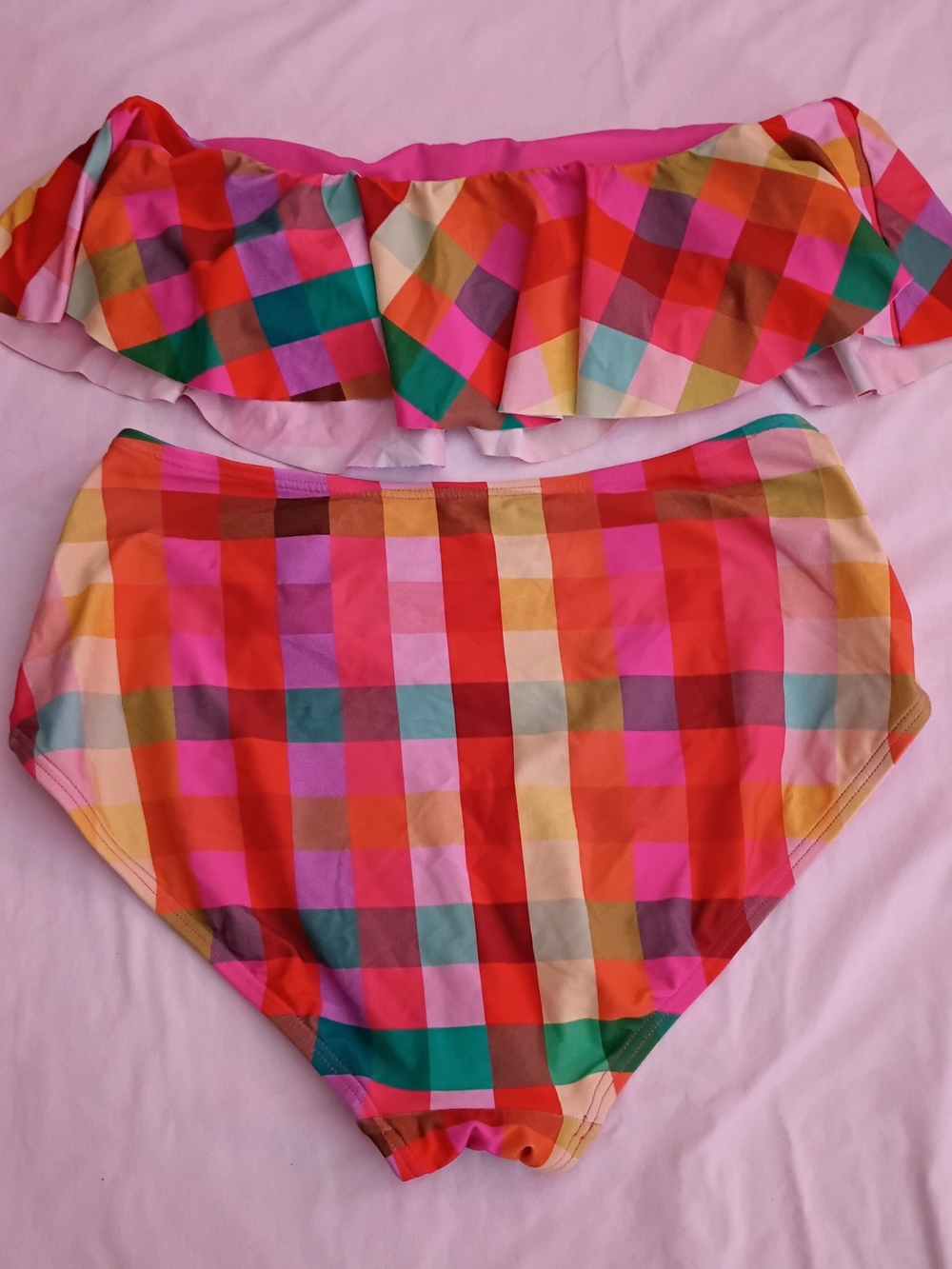 Girls Multicolor Plaid Ruffle Bikini Set - Pink Accent